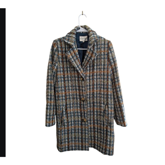 Women's VIGOSS Plaid Trench Coat XS Blue Brown - Picture 2 of 9